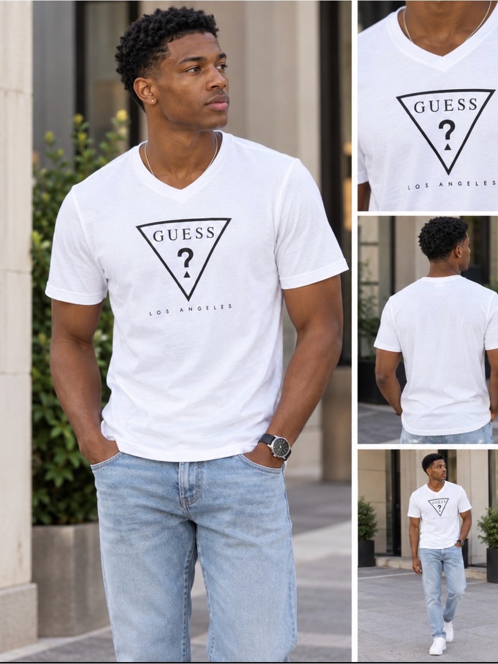 Guess Men’s White V-Neck Logo Tee with Black Triangle Print